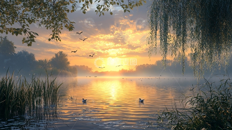 高清大图下载【趣麦麦图】宁静湖面日出美景