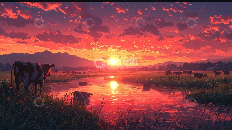 高清大图下载【趣麦麦图】夕阳下的牛群
