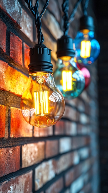 红砖墙上彩色灯泡