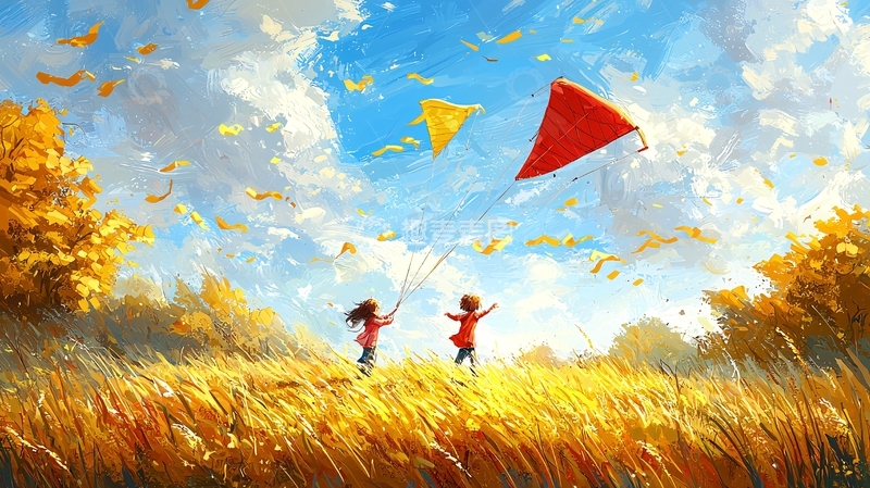 高清大图下载【趣麦麦图】田野里放风筝的儿童