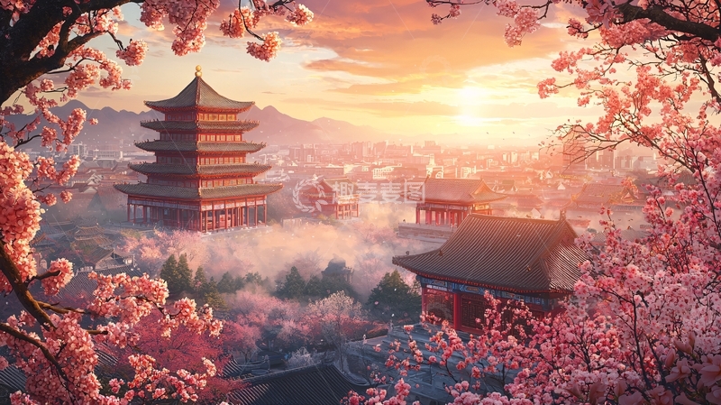 高清大图下载【趣麦麦图】樱花环绕的古塔日出景色