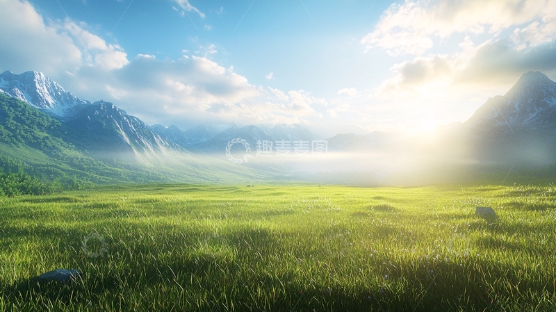 高清大图下载【趣麦麦图】阳光明媚的山谷草原