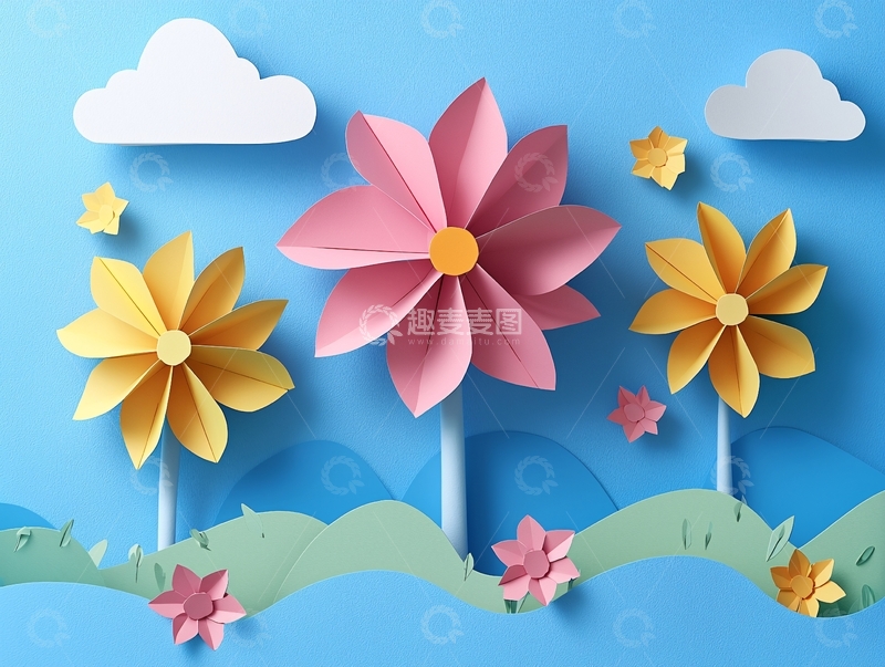 高清大图下载【趣麦麦图】纸艺花朵草地蓝天白云