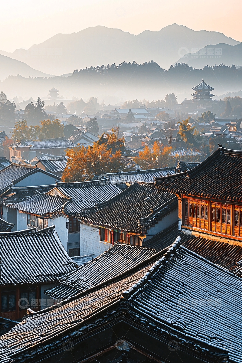 高清大图下载【趣麦麦图】古城屋顶连绵起伏远山朦胧