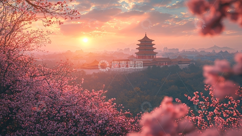 高清大图下载【趣麦麦图】樱花盛开的古塔日出美景