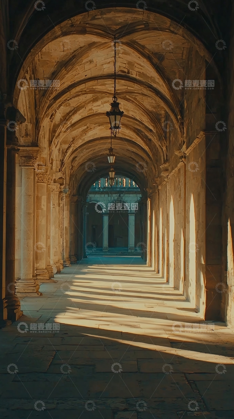 高清大图下载【趣麦麦图】古老拱廊长廊阳光洒下