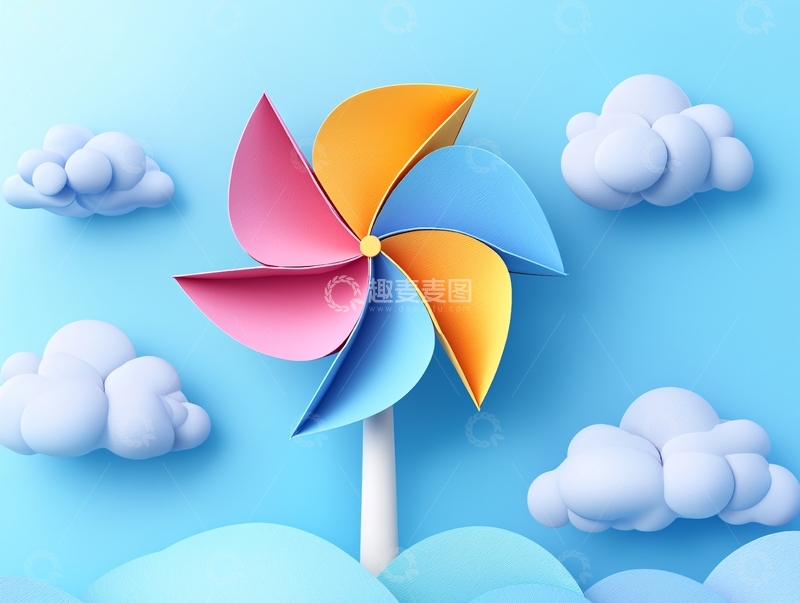 高清大图下载【趣麦麦图】彩色风车与蓝天白云