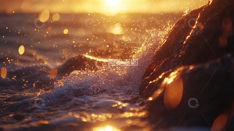 高清大图下载【趣麦麦图】日落海浪拍打岩石