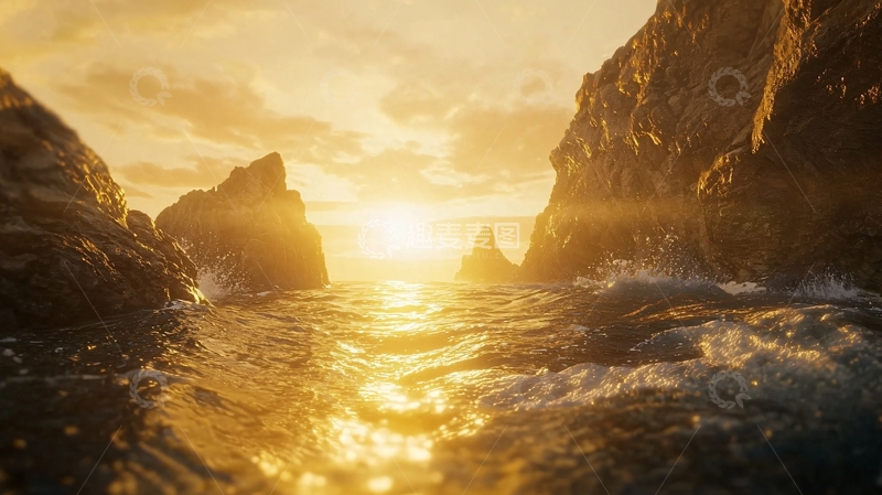 高清大图下载【趣麦麦图】夕阳西下海峡岩石
