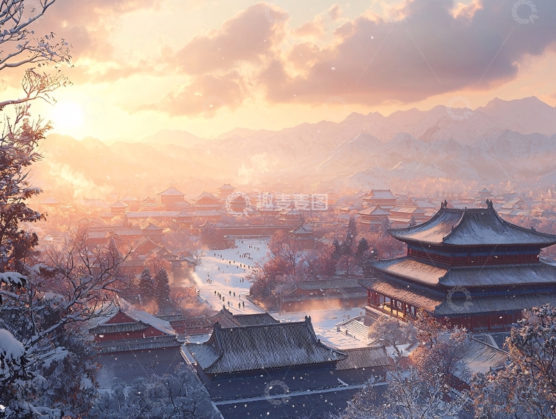 高清大图下载【趣麦麦图】夕阳下的古都雪景