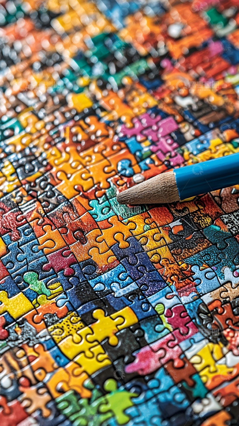 高清大图下载【趣麦麦图】拼图细节与蓝色铅笔