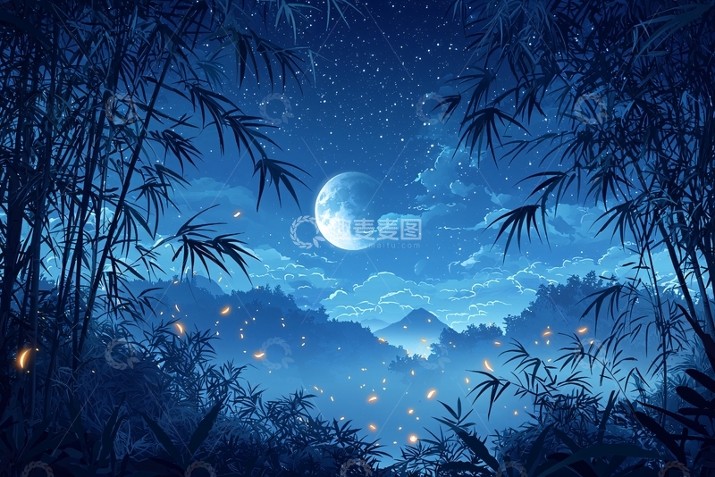 高清大图下载【趣麦麦图】竹林夜色下的满月美景