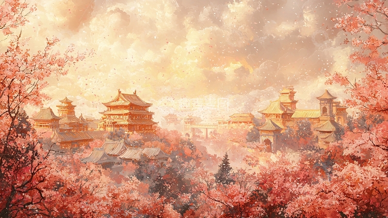 高清大图下载【趣麦麦图】唯美古风建筑群樱花环绕