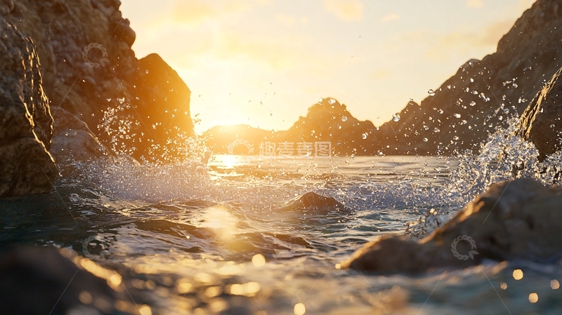 高清大图下载【趣麦麦图】日落海浪拍打岩石