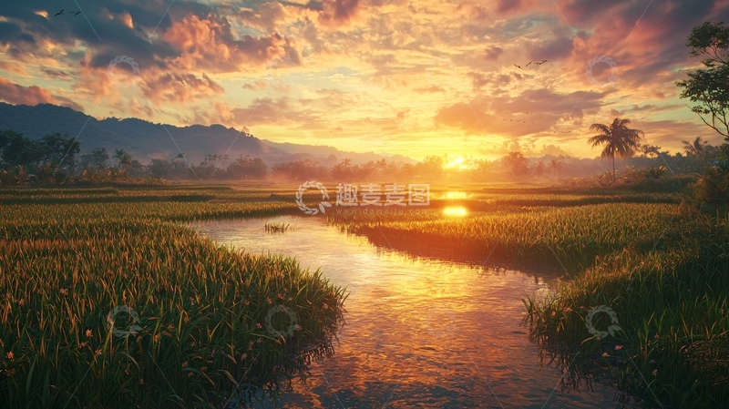 高清大图下载【趣麦麦图】日出稻田河流风景