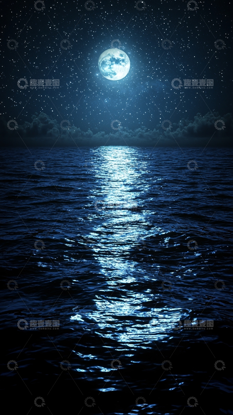 高清大图下载【趣麦麦图】蓝色星空下的月光海面