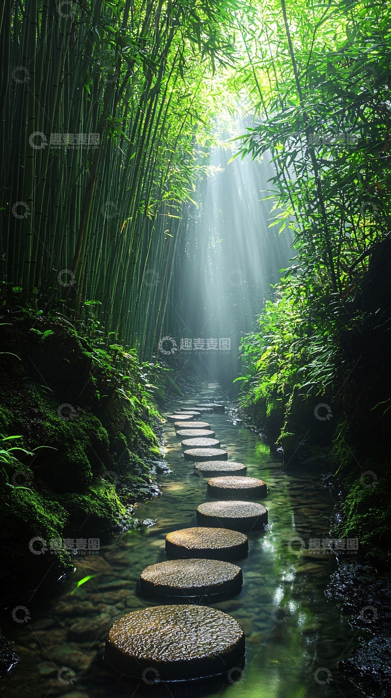 高清大图下载【趣麦麦图】阳光穿透竹林的石径