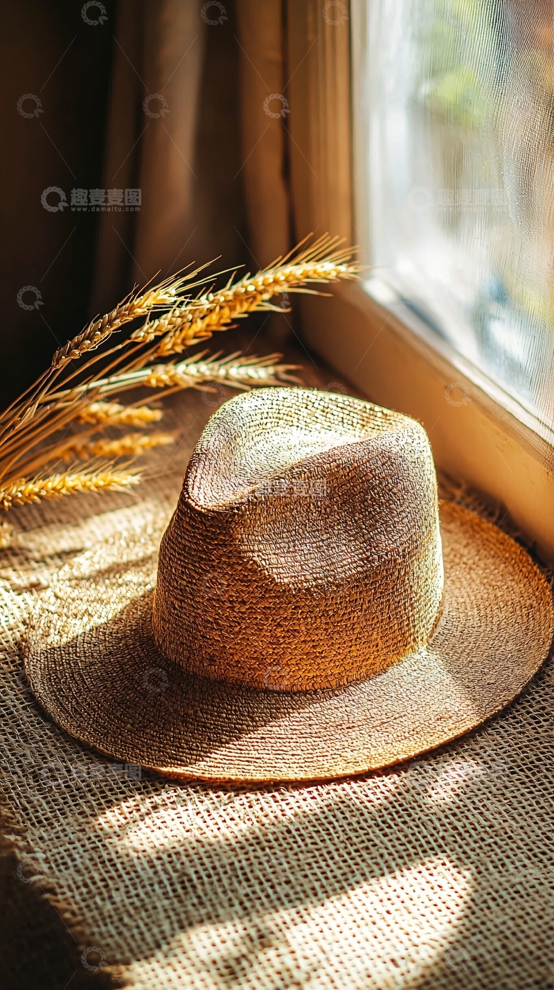 高清大图下载【趣麦麦图】阳光下的草帽与麦穗