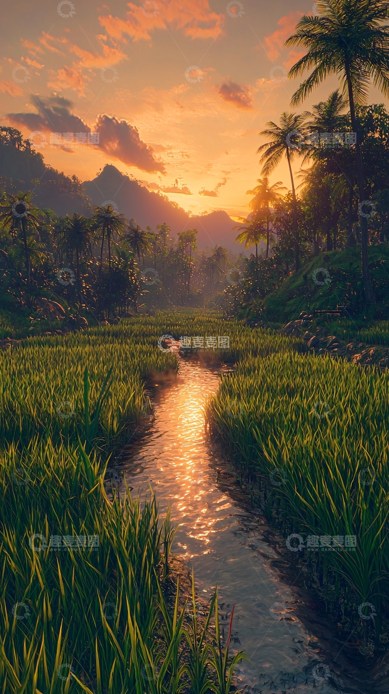 高清大图下载【趣麦麦图】热带夕阳稻田河流