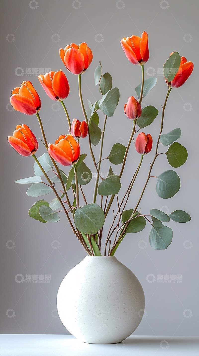 高清大图下载【趣麦麦图】橙色郁金香和尤加利叶花束