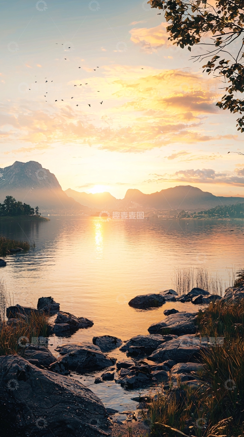 高清大图下载【趣麦麦图】山峦湖泊日落美景