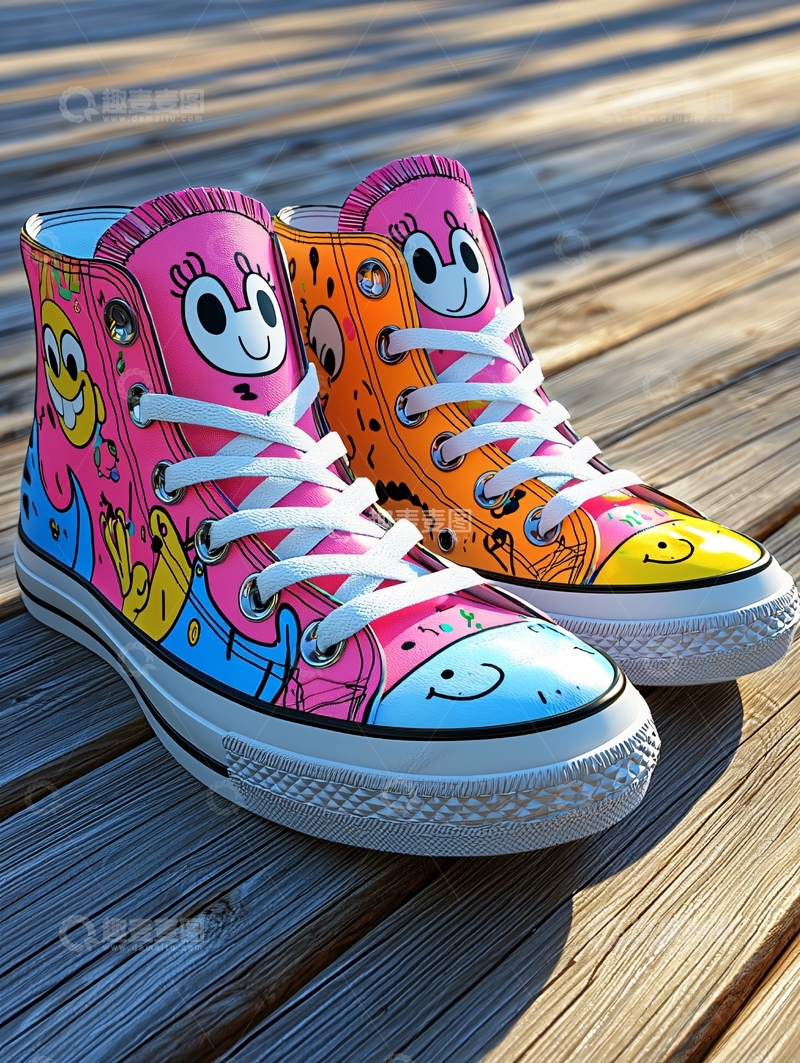 高清大图下载【趣麦麦图】卡通图案高帮帆布鞋