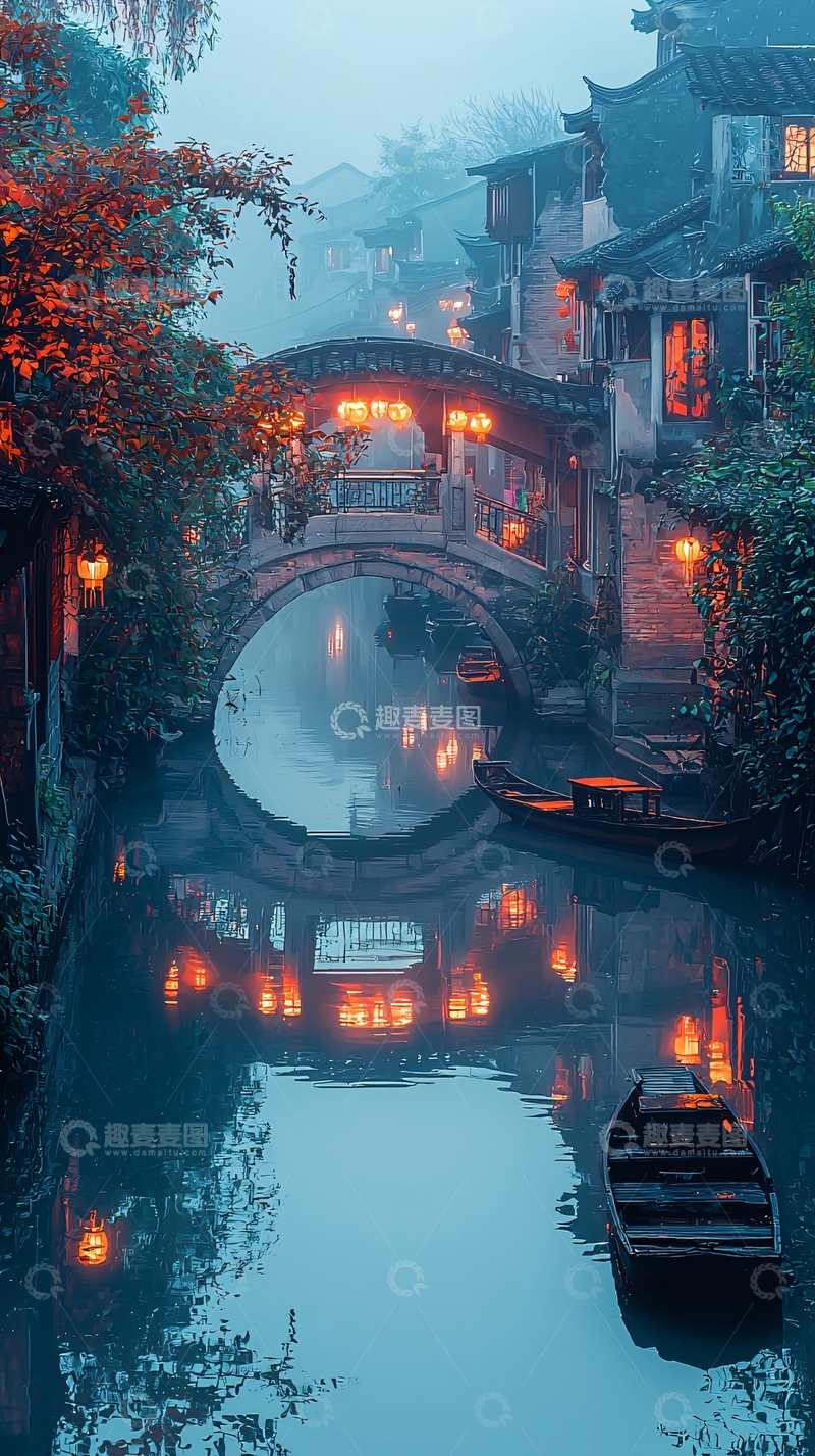 高清大图下载【趣麦麦图】朦胧水乡夜景