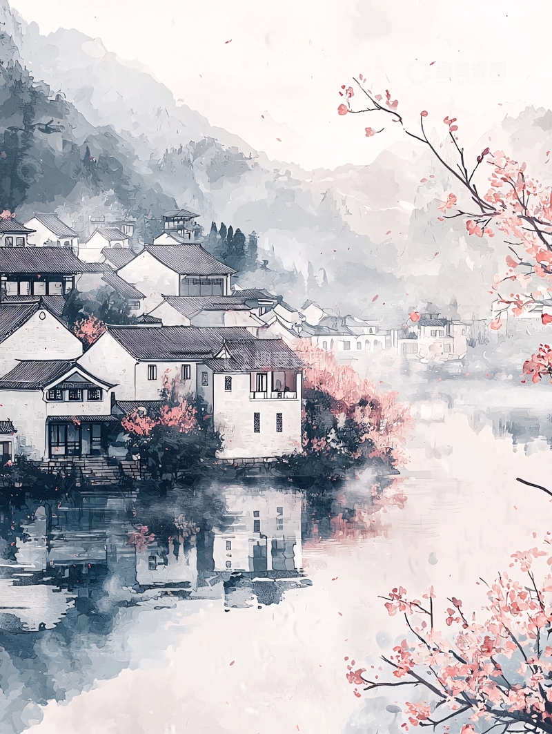 高清大图下载【趣麦麦图】水墨风格的江南村落春景