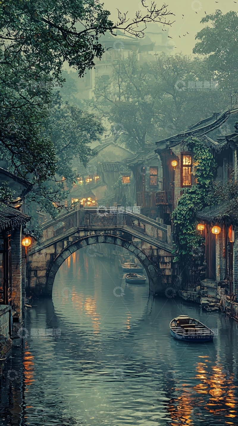 高清大图下载【趣麦麦图】小桥流水人家的朦胧夜色