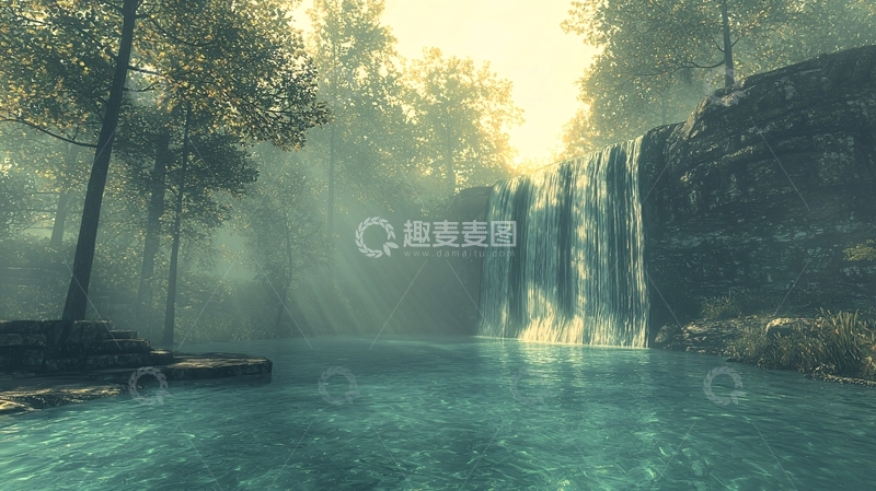 高清大图下载【趣麦麦图】瀑布在森林中倾泻而下