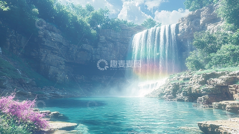 高清大图下载【趣麦麦图】壮丽瀑布彩虹光晕