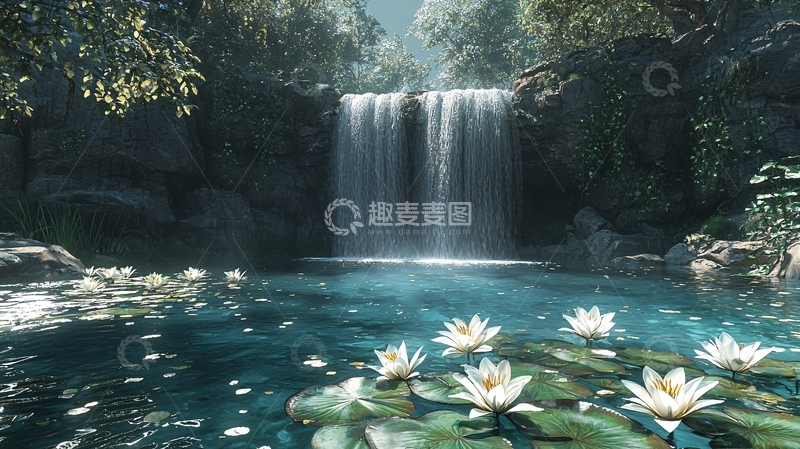 高清大图下载【趣麦麦图】宁静的瀑布池塘美景