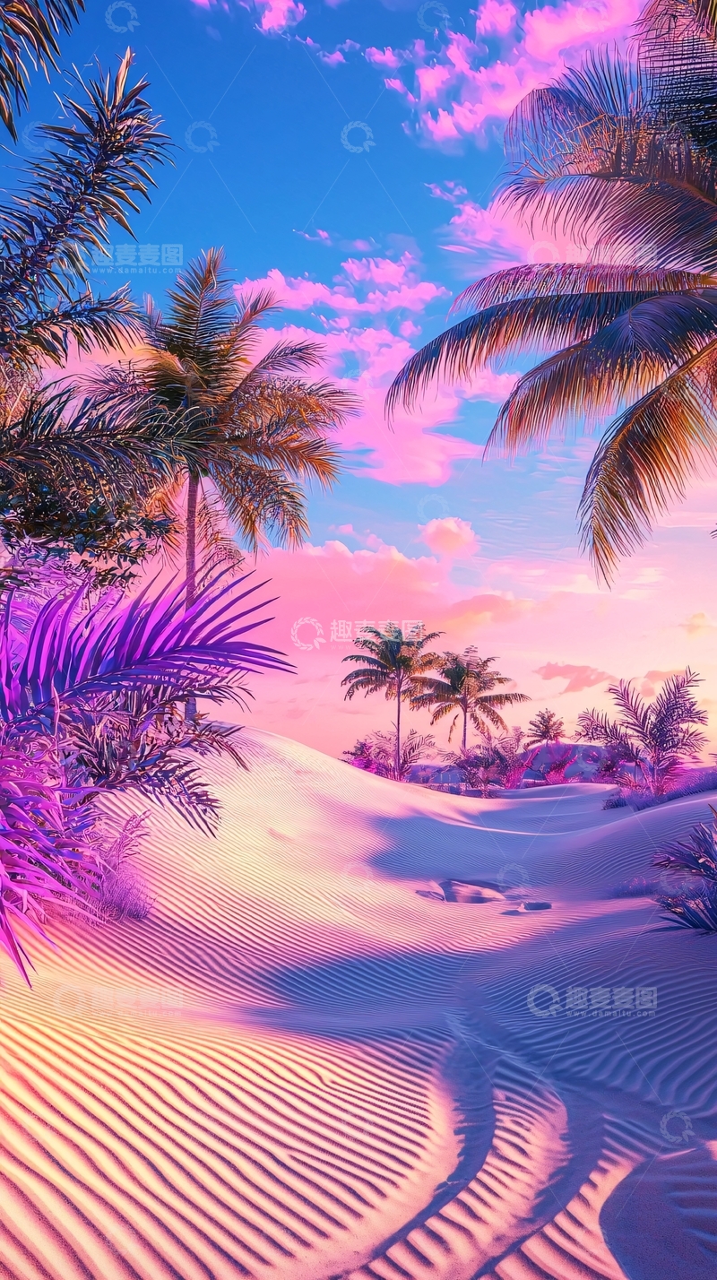 高清大图下载【趣麦麦图】梦幻粉色棕榈树沙滩日落
