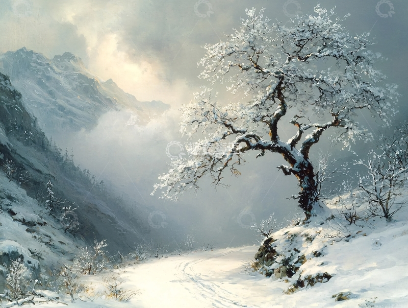 高清大图下载【趣麦麦图】雪后山谷中孤零零的树