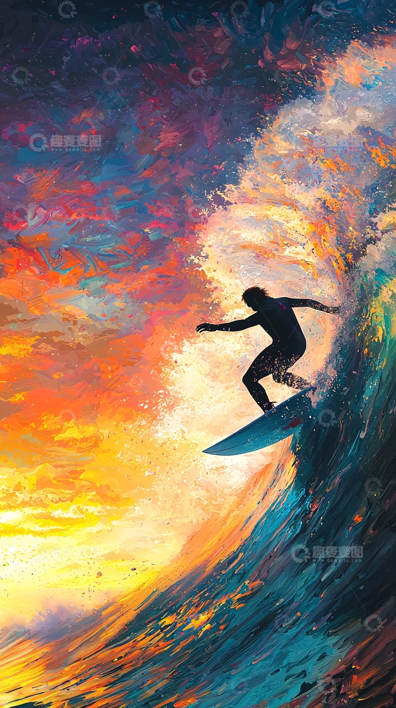 高清大图下载【趣麦麦图】冲浪者在日落时分乘风破浪