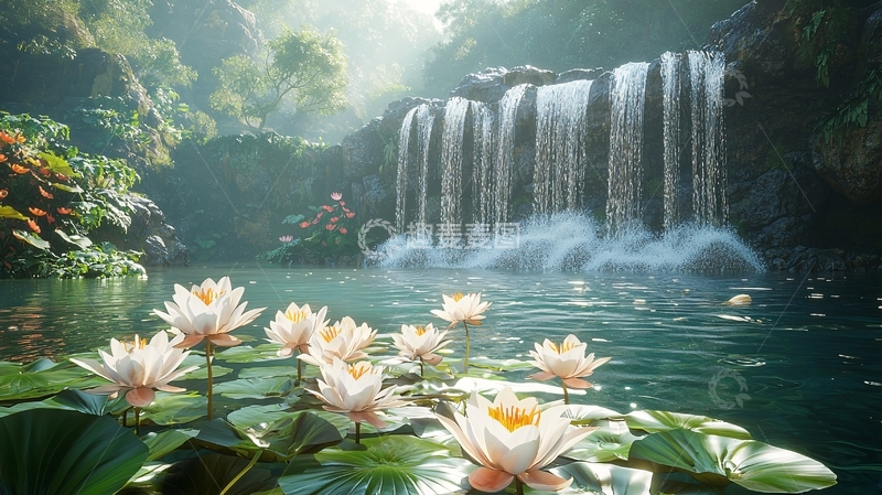 高清大图下载【趣麦麦图】宁静的瀑布莲花池