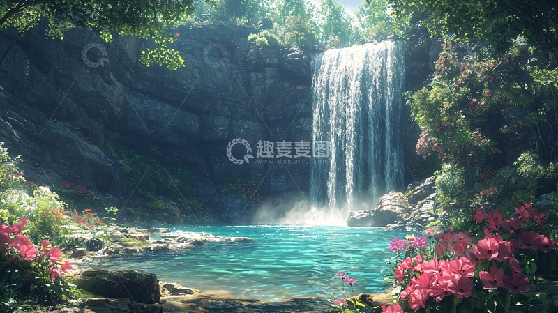 高清大图下载【趣麦麦图】清澈瀑布下的水潭美景