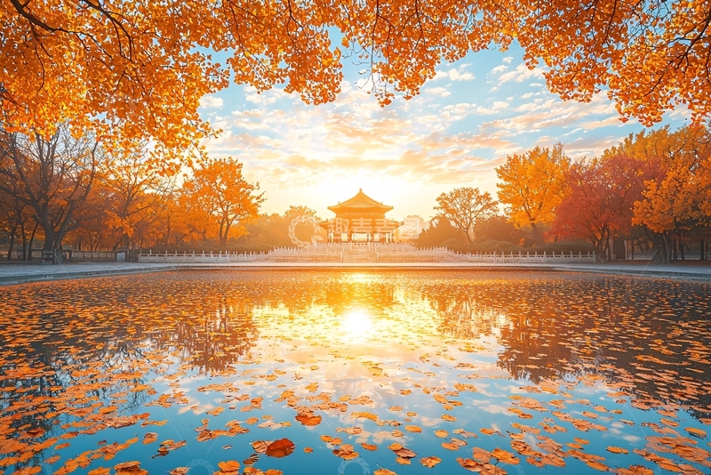 高清大图下载【趣麦麦图】秋日阳光下的古建筑倒影