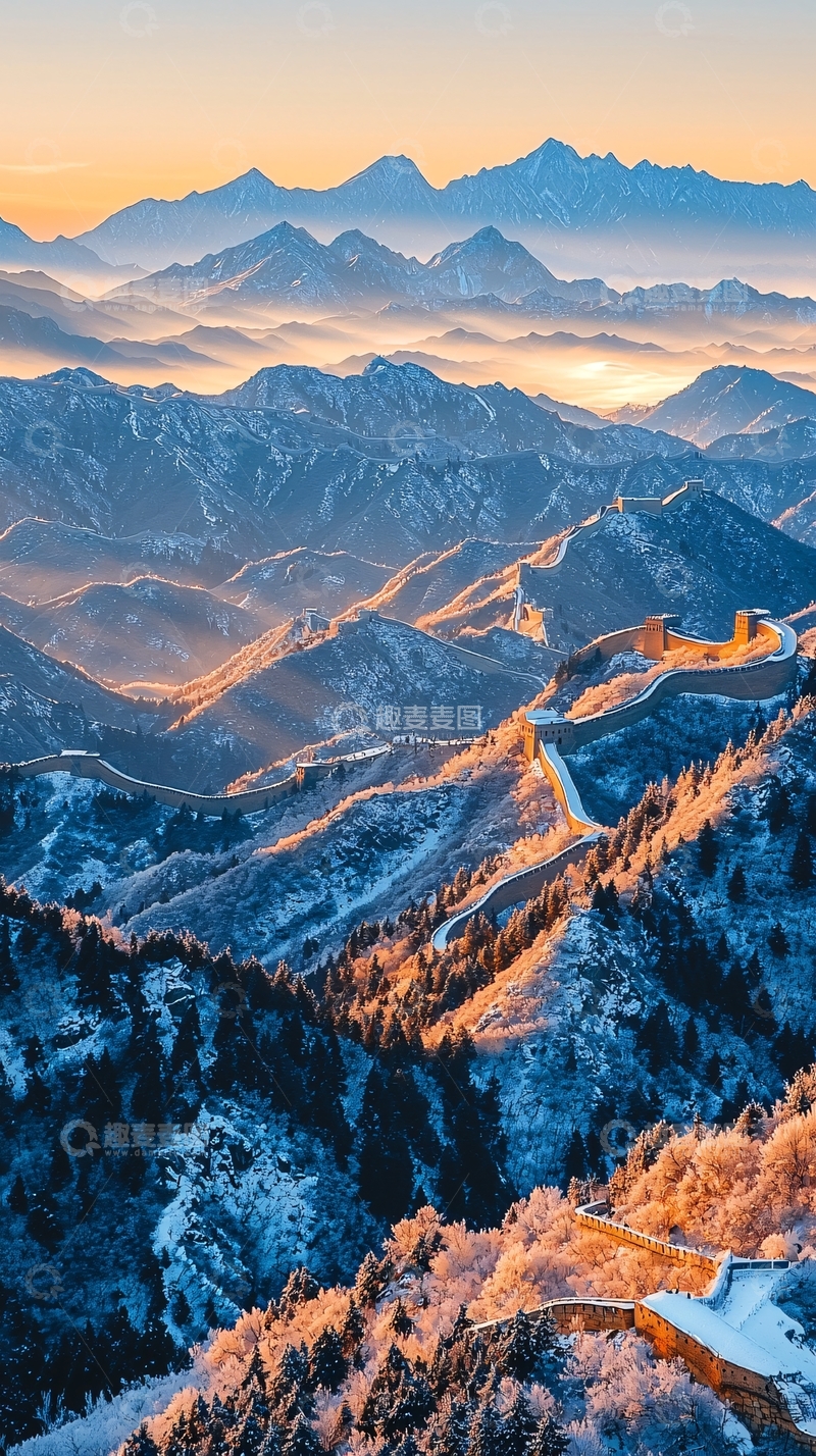 高清大图下载【趣麦麦图】长城雪山日出美景