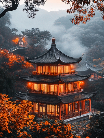 秋日山间的中式楼阁