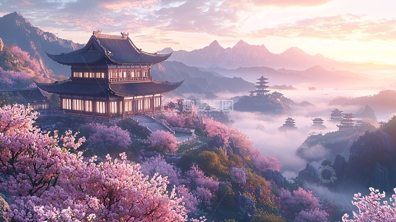 高清大图下载【趣麦麦图】古风建筑群山樱花日出唯美