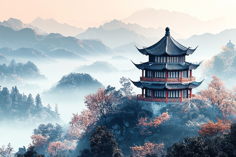 高清大图下载【趣麦麦图】山间亭台楼阁风景