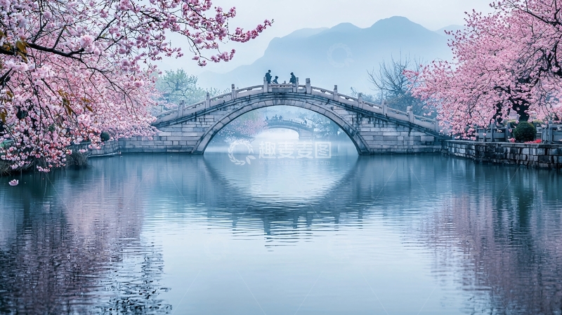 高清大图下载【趣麦麦图】古桥樱花倒影
