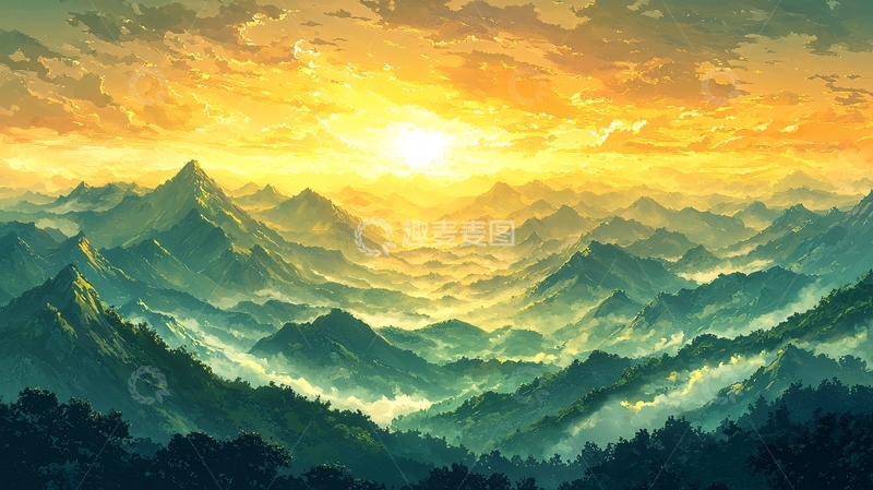 高清大图下载【趣麦麦图】金色阳光下的群山