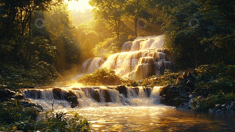 高清大图下载【趣麦麦图】阳光森林瀑布