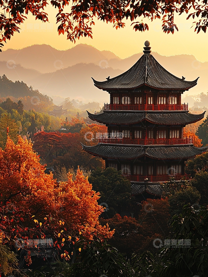 高清大图下载【趣麦麦图】夕阳下的中式宝塔