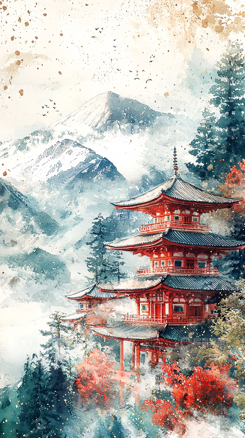 高清大图下载【趣麦麦图】水墨画风的日式塔楼