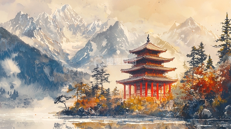 高清大图下载【趣麦麦图】山水间的日式宝塔