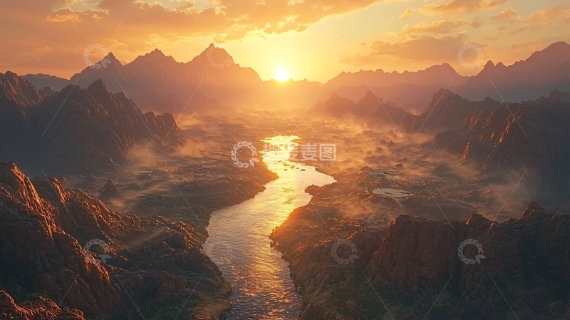 高清大图下载【趣麦麦图】落日余晖下的山河景色