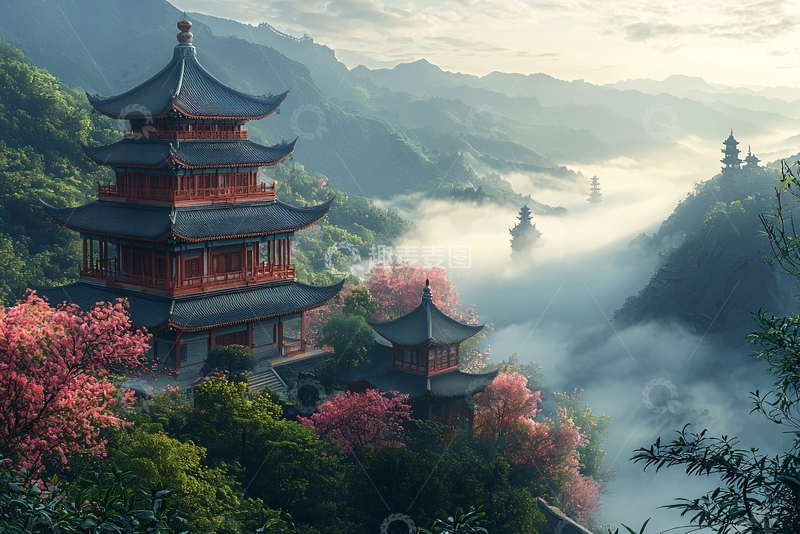 高清大图下载【趣麦麦图】仙境般山水古塔